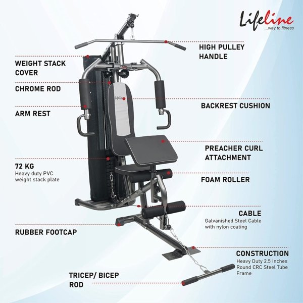 Lifeline Fitness Multi Home Gym Multiple Muscle Workout Exercise Machine Chest Biceps Shoulder Back Triceps Legs for Men at Home, 72kg Weight Stack - Image 3